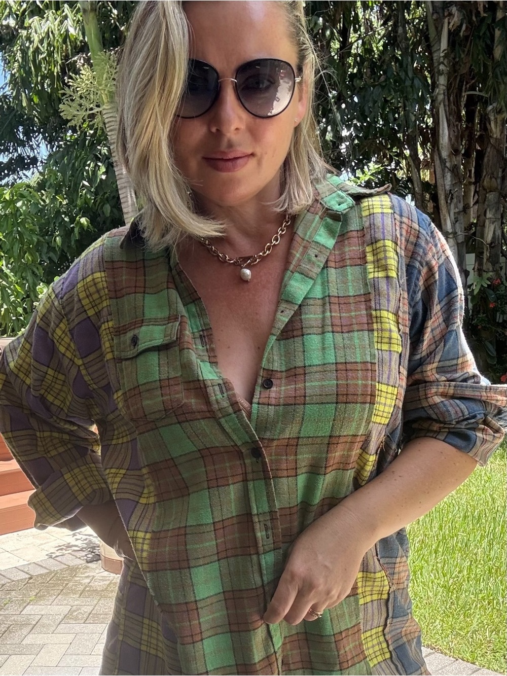 Women’s Oversized Patchwork Plaid Shirt XL | Raw Edge Seam Detail | Boho - Picture 4 of 7